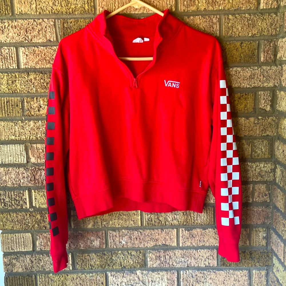 Vintage Vans classic red and checkered pullover sweatshirt with half zip